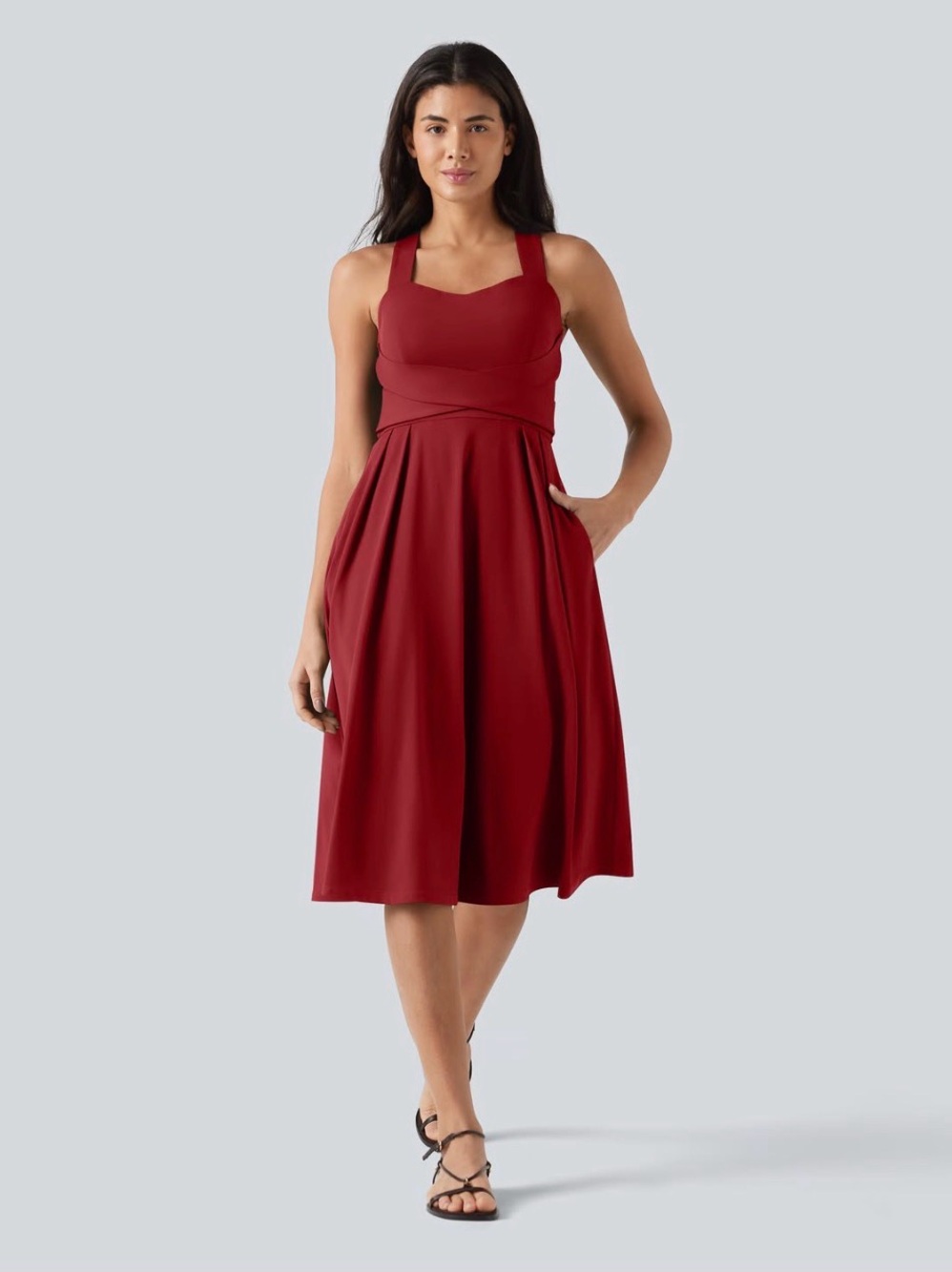 Sleeveless Square-Neck Midi Dress in Deep Red